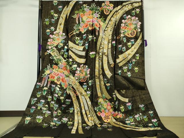 平和屋本店●極上 相良刺繍 総刺繍 お引きずり・引き振袖 結婚式 舞妓 芸妓 駒刺繍 花車 黒地 銀通し地 仮絵羽 逸品 未使用 DZAB8186kh6｜平和屋