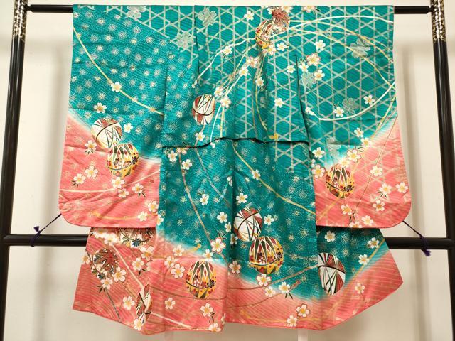平和屋着物[]七五三　女の子　３歳　祝着　三つ身　蛇籠手毬桜文　暈し染め　金彩　逸品　DABH5147ea｜平和屋