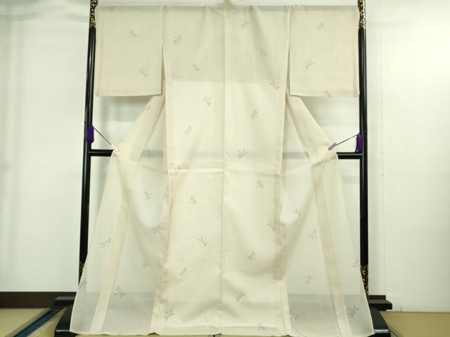 長閑やかさ屋中央局＊飛び切り 夏物 本塩沢 夏塩沢 蜻蛉 トンボ 練色地 ロング丈 珠玉 未当て嵌める DZAB4058kh6