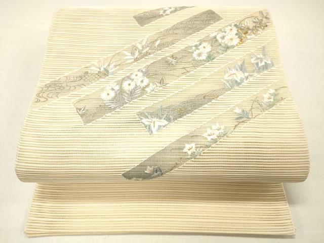 長閑やかさ屋お召しもの＊夏物 絽綴れ 八寸名古屋帯 刺しゅう 水筋籬顕花植物文 現ナマ糸 正絹 珠玉 DABC8572糎