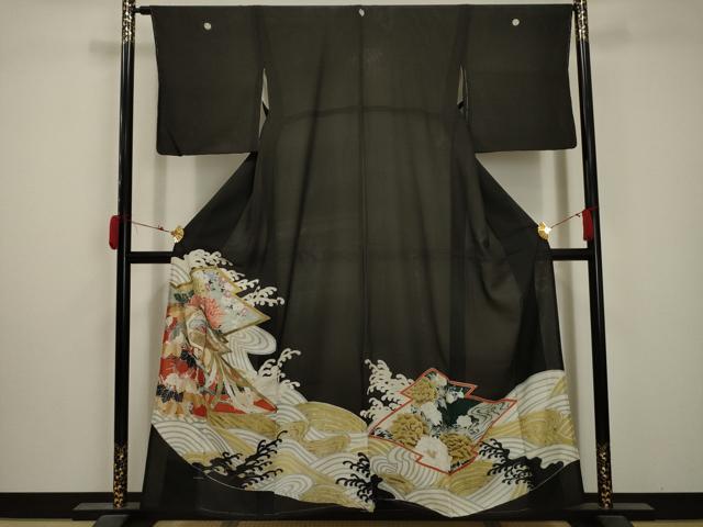 平和屋着物*夏物 アンティーク 大正ロマン 黒留袖 絽 刺繍 立波鳳凰花文 金糸 金銀彩 正絹 逸品 AABA5771sx|平和屋