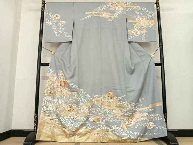 長閑やかさ屋御召しもの●短い訪問着 駒刺しゅう 枝花文 金彩 高島屋取りまわし 正絹 珠玉 AABF0439fy