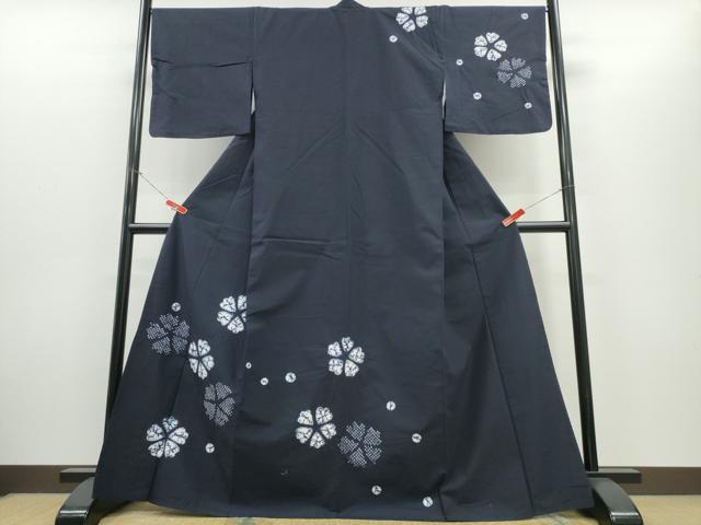 長閑やかさ屋御召しもの∴夏物 浴衣 短い訪問着 有松鳴海絞り 舞花文 濃紺色地 綿 珠玉 CABH1402ng