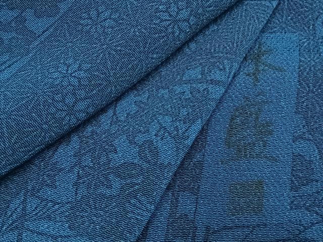 平和屋着物●上質な小紋 本藍 型染め 切嵌花文 鬼しぼ縮緬 正絹 逸品 AABH4930fy