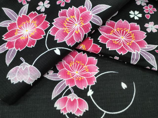 平和屋着物∴夏物 浴衣 綿紅梅 舞桜 黒地 綿 逸品 未使用 CABE8983ng