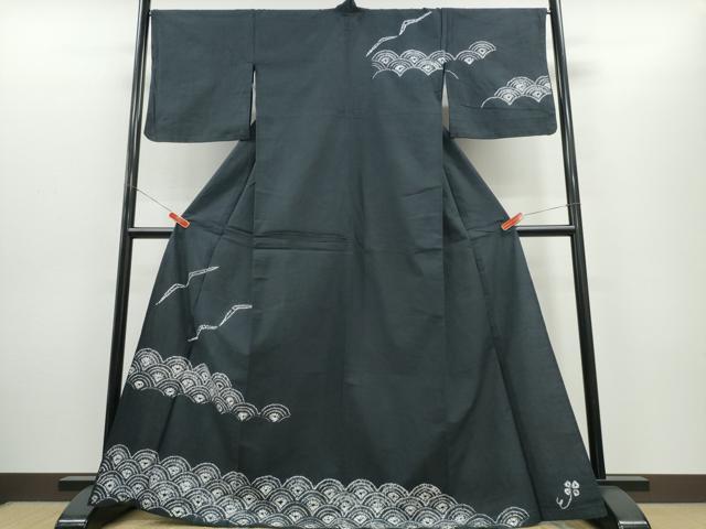 長閑やかさ屋お召しもの∴夏物 浴衣 短い訪問着 有松鳴海絞り 青海波飛鳥文 藍墨赤銅色 綿 珠玉 CABH1403ng