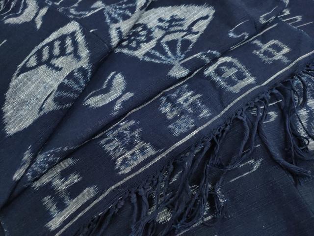 平和屋着物●小紋　単衣　正藍絣　扇面花蝶文　反端付き　綿　逸品　DABC2557ud｜平和屋