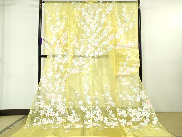 長閑やかさ屋中央局＊飛び切り 夏物 お引きずり・お引き摺り・引き振袖 オーガンディー 枝花文 銀彩 たとう紙付き添い人 珠玉 DZAB6570kh6
