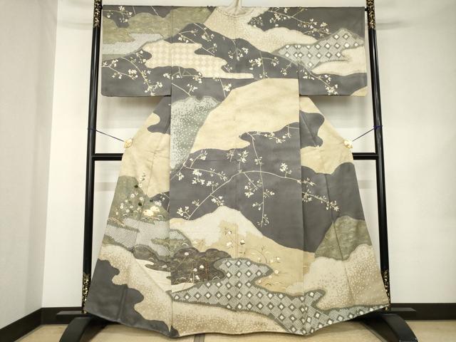 平和屋着物●訪問着　駒刺繍　絞り　風景枝花文　金彩　正絹　逸品　AABK0342ck｜平和屋