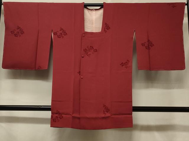 平和屋着物＃道行コート 色無地 輪奈ビロード 菱花唐草地紋 蘇芳色 ロング丈 正絹 逸品 未使用 CABF1391in