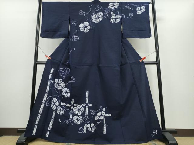 長閑やかさ屋お召しもの∴夏物 浴衣 短い訪問着 有松鳴海絞り 槿花 竹垣文 濃藍色 綿 珠玉 CABH1407ng