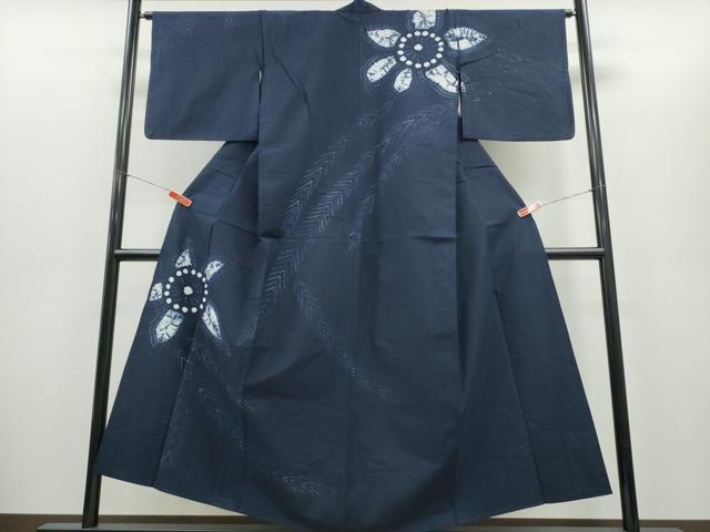 長閑やかさ屋御召しもの∴夏物 浴衣 短い訪問着 有松鳴海絞り 枝葉舞花文 濃紺色地 綿 珠玉 CABH1408ng