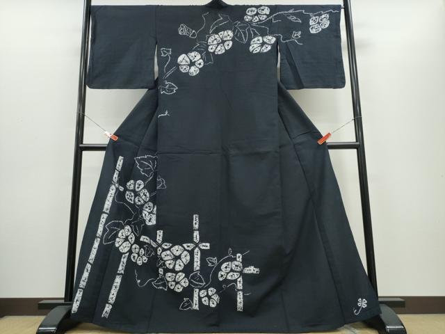 平和屋着物∴夏物 浴衣 訪問着 有松鳴海絞り 朝顔竹垣文 黒地 綿 逸品 CABH1410ng|平和屋