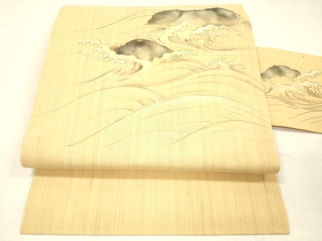 長閑やかさ屋お召しもの＊夏物 九寸名古屋帯 墨付き 立波文 麻 珠玉 DABC8082糎