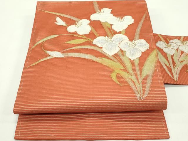 長閑やかさ屋お召しもの＊夏物 九寸名古屋帯 花ショウブ 現ナマ糸 正絹 珠玉 未当て嵌める CABH5613rv