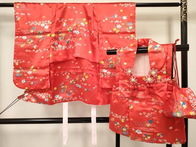 平和屋着物[]七五三　女の子　３歳　祝着　三つ身　被布・巾着セット　花車文　DABC5140ma｜平和屋