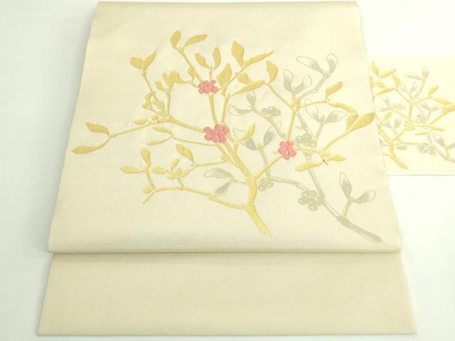 平和屋着物●極上 塩瀬 九寸名古屋帯 刺繍 南天枝葉文 金彩 逸品 DZAB4795kh6|平和屋