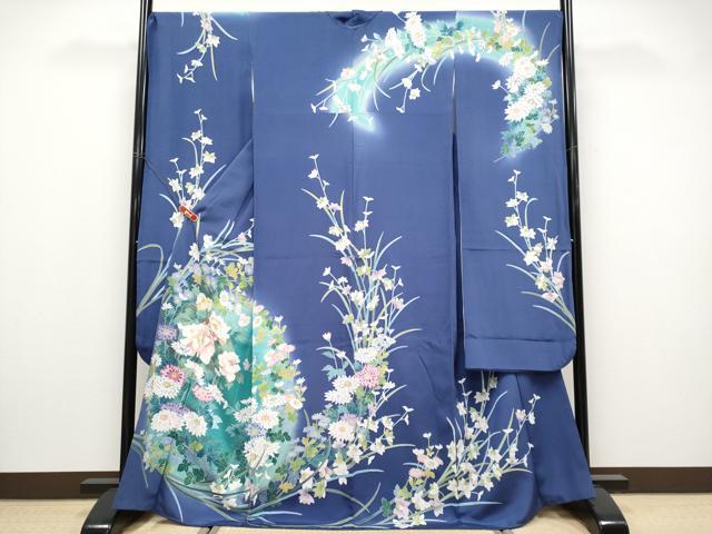 平和屋着物●極上 振袖 友禅 作家物 草花文 暈し染め 紺藍色地 逸品 CYAA4494s6