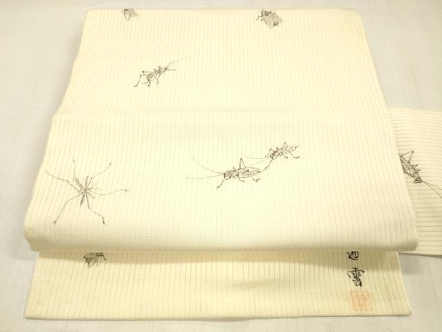 長閑やかさ屋御召しもの＊夏物 九寸名古屋帯 絵描き物 墨付き 縦絽縮緬 夏虫 正絹 珠玉 DABC8089糎