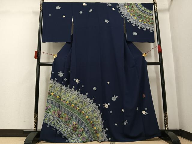 長閑やかさ屋御召しもの●短い訪問着 絵書き物 林川信夫 更紗文 金彩 やまと誂製 正絹 珠玉 AABJ3077ph