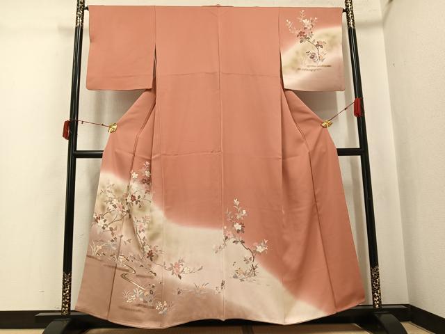 長閑やかさ屋お召しもの●短い訪問着 枝花文 暈し染め 金彩 正絹 珠玉 AABJ3922ph