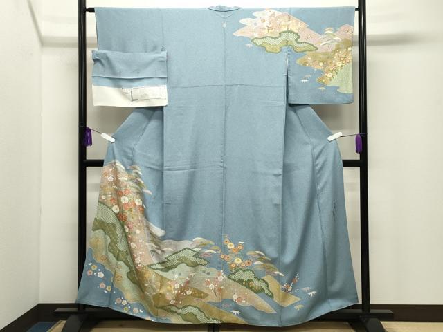 平和屋着物●京友禅の第一人者　松井青々　訪問着　駒刺繍　松竹梅花文　金彩　反端付き　正絹　逸品　CABI0463gh｜平和屋