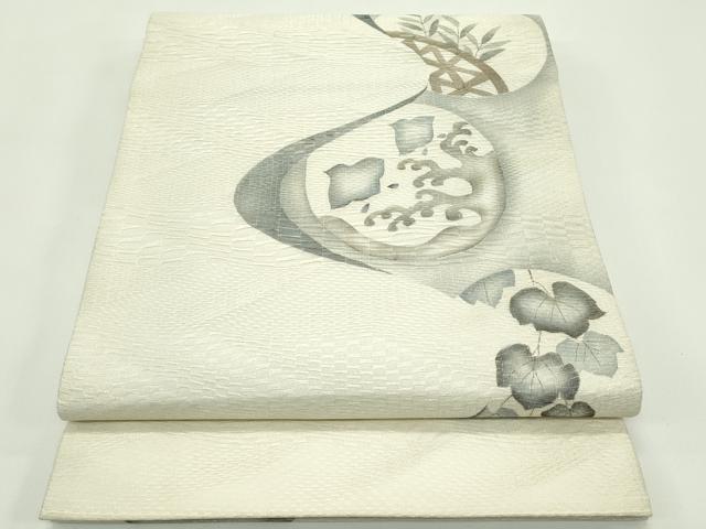 長閑やかさ屋御召しもの＊夏物 膜鳴楽器柄袋帯 チドリ籬蔦の葉文 銀糸 正絹 珠玉 未当て嵌める CABG7375rv