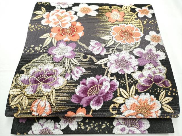 長閑やかさ屋御召しもの●六通柄袋帯 雪輪花文 黒地 金糸 正絹 珠玉 CABC5483hy