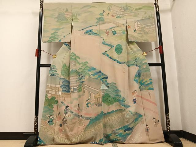 長閑やかさ屋御召しもの●短い訪問着 絵書き物 御坊さん見晴らし文 正絹 珠玉 AABJ3892ph