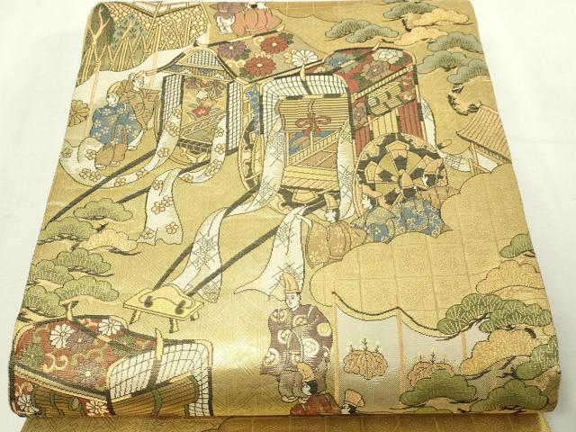 長閑やかさ屋中央局▼全通見晴らし柄袋帯 都祝賀会図 本金二重箔 反端付き添い人 正絹 珠玉 DABG9591sf