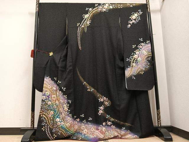 平和屋着物●豪華振袖 辻が花 絞り 暈し染め 黒地 金彩 金通し地 正絹 逸品 AABH3871ph|平和屋