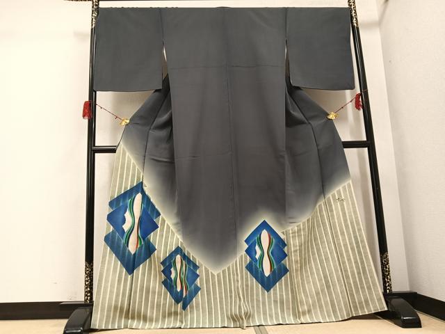 長閑やかさ屋御召しもの●色留短い訪問着 絵描き物 菱文 錆鉄灰色色 暈し染め 正絹 珠玉 AABG9560ph