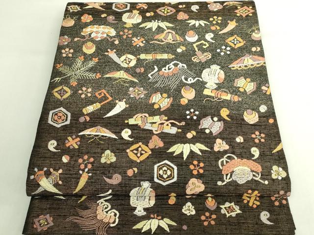 平和屋本店●極上 中国人間国宝 将雪英 太鼓柄袋帯 総刺繍 宝尽くし 金糸 逸品 DZAB7309kh6|平和屋