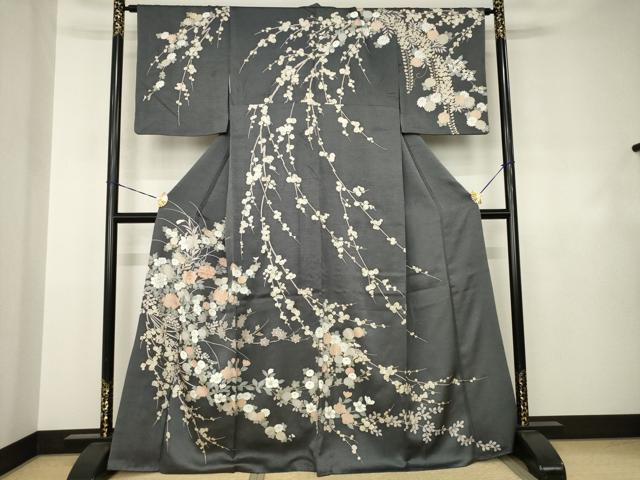 長閑やかさ屋御召しもの●短い訪問着 駒刺しゅう 顕花植物文 金彩 正絹 珠玉 AABJ4961ck