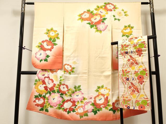 長閑やかさ屋御召しもの[]七五三 うしろ帯 ７歳 祝着 四つ身 袋帯仕掛ける 名取り草花文 珠玉 DABA3856ma