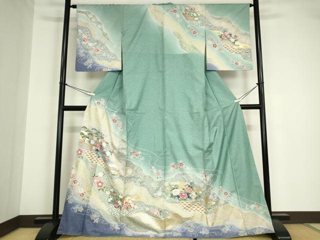 長閑やかさ屋御召しもの●短い訪問着 発祥地染大島紬 籬花文 金彩 正絹 珠玉 DABA4650az