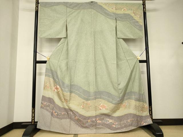 長閑やかさ屋御召しもの●中国三大刺しゅう スワトウ刺しゅう 汕頭刺繍 発祥地大島紬 染大島 短い訪問着 花鳥文 正絹 珠玉 AABJ4959ck