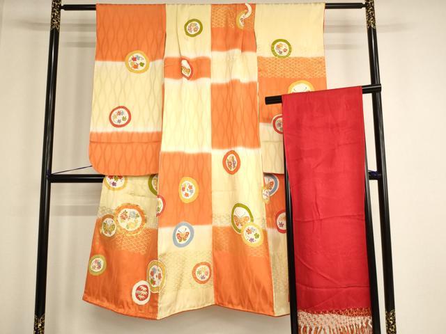 長閑やかさ屋御召しもの[]七五三 うしろ帯 ７歳 祝着 四つ身 志古貴仕掛ける 駒刺しゅう 花蝶丸文 暈し染め 金彩 正絹 珠玉 AABG3221ja