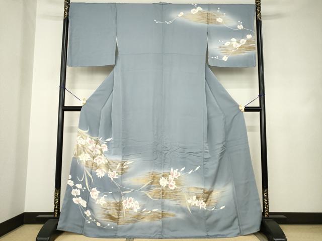 長閑やかさ屋御召しもの●短い訪問着 刺しゅう 枝花文 金彩 正絹 珠玉 未当て嵌める AABJ4970ck