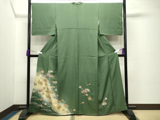 長閑やかさ屋お召しもの●短い訪問着 扇子鳳凰花文 暈し染め 現ナマ彩 正絹 珠玉 CABC8114gh
