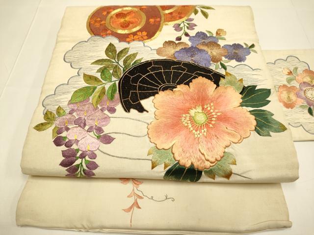 平和屋着物●アンティーク　大正ロマン　九寸名古屋帯　駒刺繍　総刺繍　片輪車花文　金糸　正絹　逸品　DABD2030du｜平和屋