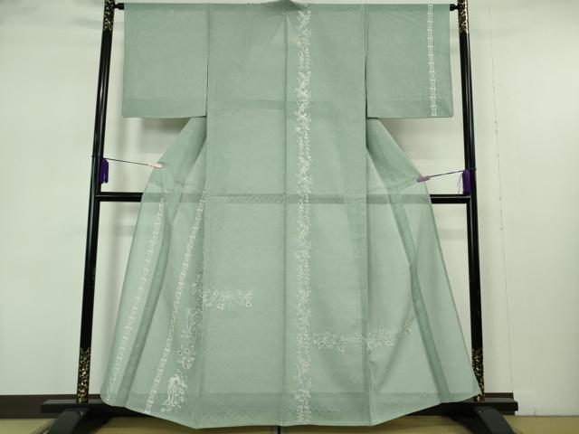 平和屋本店＊極上 夏物 訪問着 総刺繍 紗 花鳥間道 柳鼠色地 銀糸 逸品 DZAB7367kh6｜平和屋
