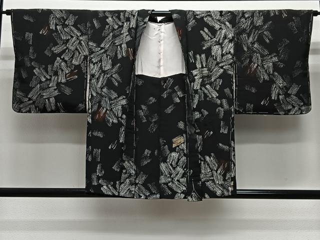 平和屋着物#羽織 寿光織 幾何学文様 黒地 銀糸 正絹 逸品 未使用 CABE5192ua|平和屋