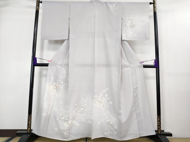 長閑やかさ屋御召しもの■飛び切り 夏物 短い訪問着 縦絽 片輪車花文 白藤色地 珠玉 DZAA7628kh5