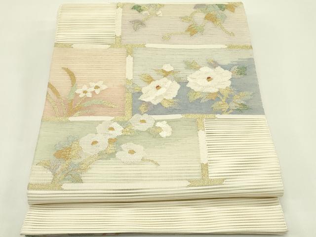 長閑やかさ屋御召しもの＊夏物 膜鳴楽器柄袋帯 すくい織 顕花植物文 現ナマ糸 正絹 珠玉 CABH5937rv