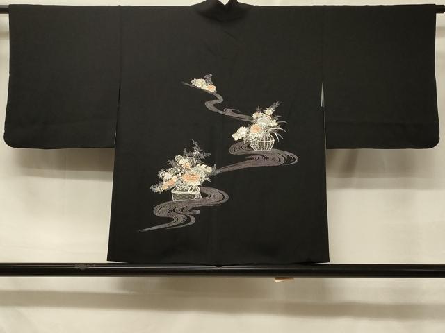 長閑やかさ屋御召しもの＃羽織 駒刺しゅう 水流飾花文 黒地 銀糸 正絹 珠玉 CABD7938インチ