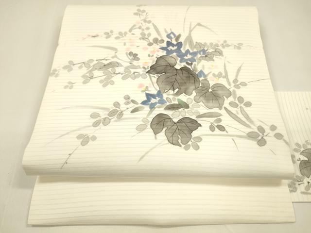 長閑やかさ屋御召しもの＊夏物 絽塩瀬 九寸名古屋帯 執筆者物 手書き 顕花植物文 正絹 珠玉 DAAZ4027糎