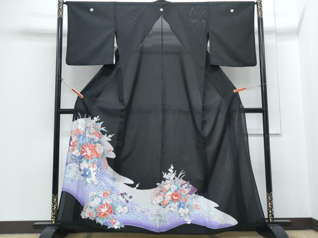 長閑やかさ屋御召しもの＊夏物 黒留袖 絽 クジャク花文 銀彩 洗える御召しもの CABH3831th