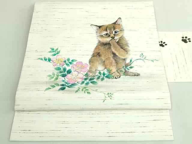 平和屋着物●極上　九寸名古屋帯　紬地　手描き　猫　逸品　DZAB5736kh6｜平和屋 38,025円