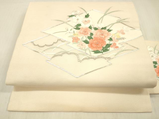 長閑やかさ屋お召しもの＊夏物 九寸名古屋帯 駒刺しゅう 総刺しゅう 顕花植物文 銀糸 正絹 珠玉 DABD6558糎